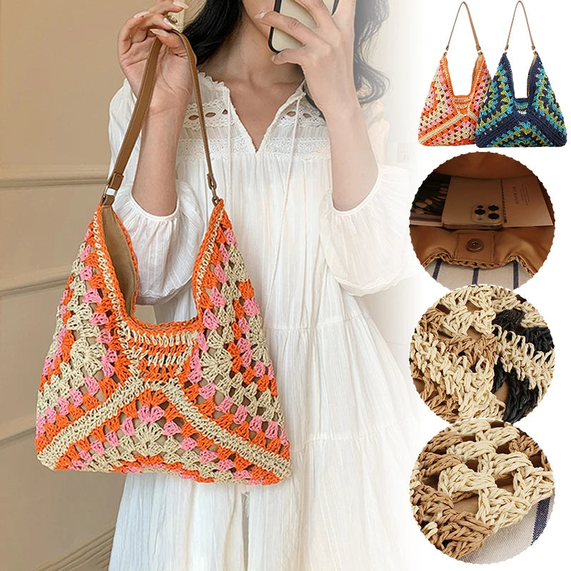 Women Weaving Clutches - Large Straw Tote Summer Beach Purse & Shopper Satchel