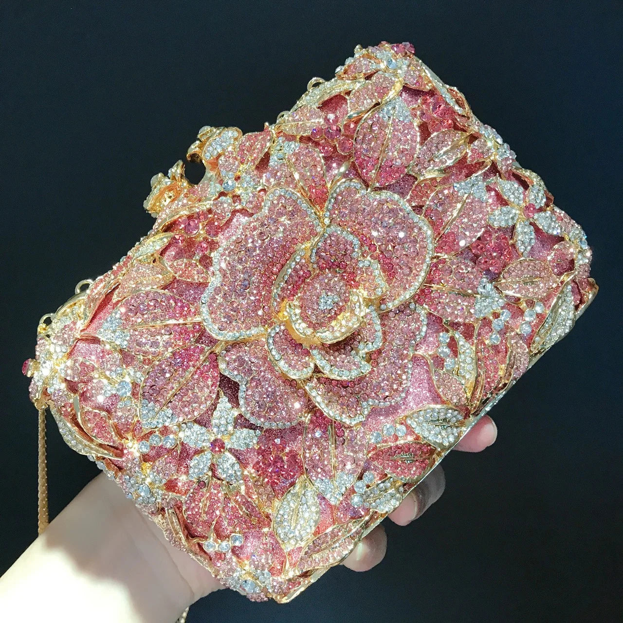 Pink Rhinestone Flower Clutch Purse