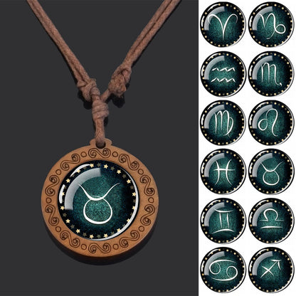 12 Zodiac Signs Constellation Necklaces – Glass Dome Vintage Wood Pendants