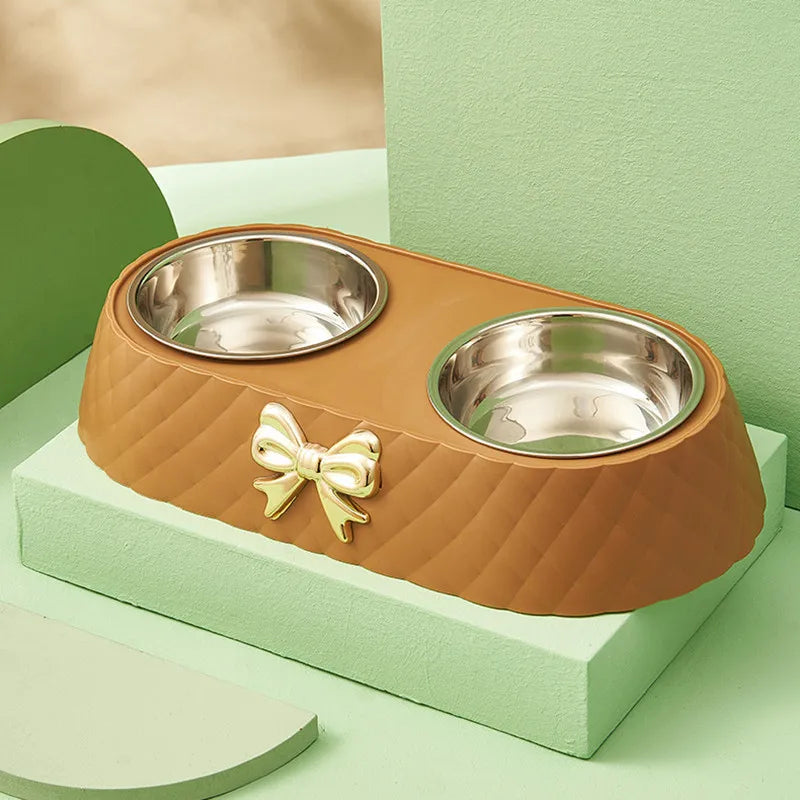 Double Stainless Steel Pet Bowl with Bow-Tie Design