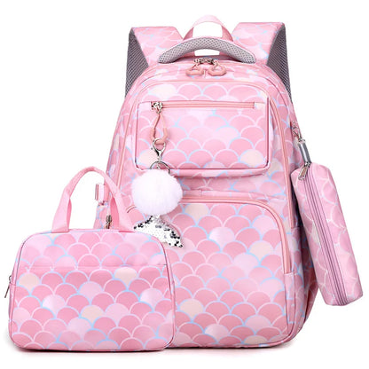 3-Piece Fish Scale Print Kid Backpack Set | Waterproof School Bag with Mermaid Pendant for Girls