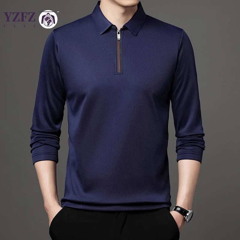 Men's Solid Color Long Sleeve Polo Shirt – Fashion Zipper Neck Top