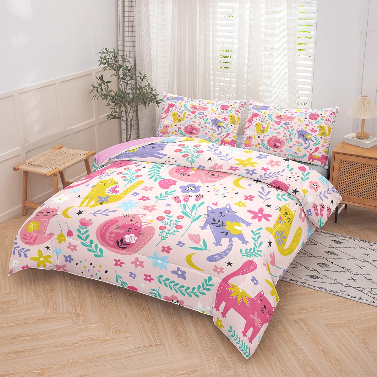 Floral Pink Cat Comforter Set for Kids & Teens | Lightweight Down Alternative