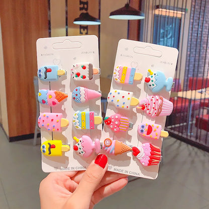 10 PCS Cute Cartoon Hair Clips | Ice Cream Unicorn Design for Girls