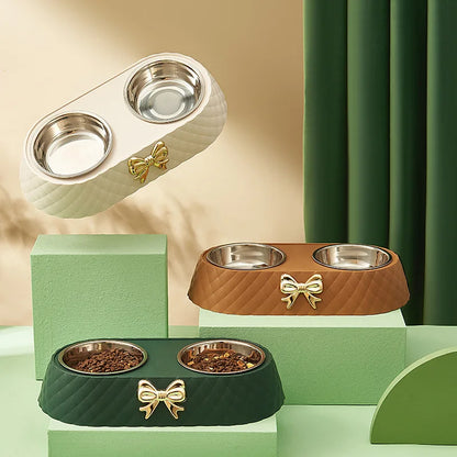 Double Stainless Steel Pet Bowl with Bow-Tie Design