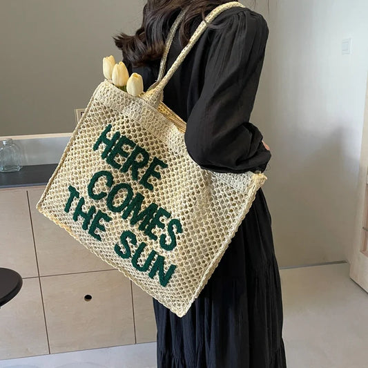 Summer Crochet Straw Tote Bag for Women