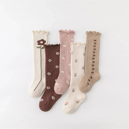 Flower Striped Knee High Long Socks