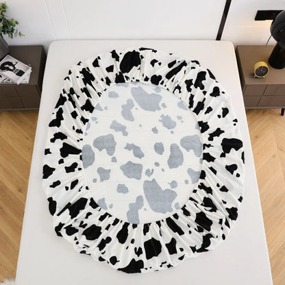 Cow Pattern Milk Velvet Flannel Fitted Sheet | Soft Elastic Mattress Cover