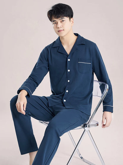 Blue Cotton Winter Pajamas for Men - Full Sleeves 2-Piece Sleepwear Set