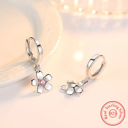 Solid 925 Sterling Silver Crystal Zircon Flower Drop Earrings