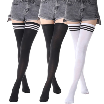 Black White Striped Long Socks - Over Knee Thigh High Fashion