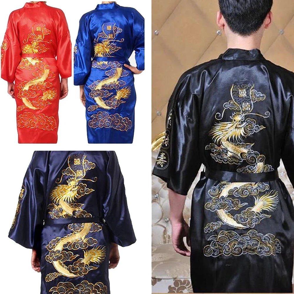 Chinese Dragon Silk Kimono Bathrobe for Men - Satin Sleepwear Gown