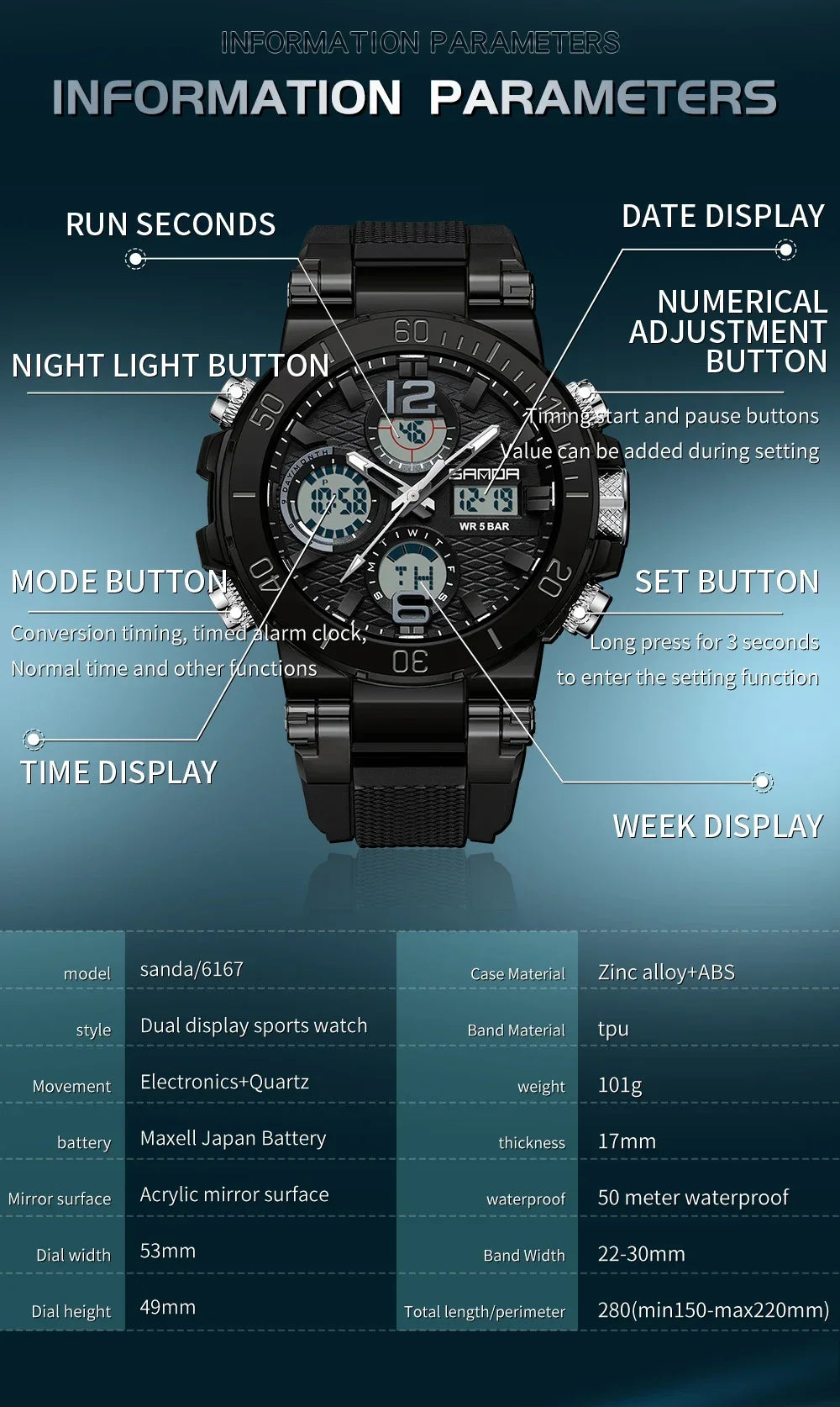 Sanda 6167 Dual Screen LED Digital Watch: Waterproof Multifunctional Sports Timepiece