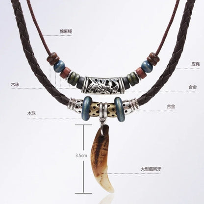 Fashion Men Women's Goth Multi-layer Vintage Wolf Tooth Pendant Leather Beaded Woven Prayer Necklace