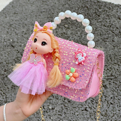 Sweet Princess Small Shoulder Bag | Pearl Handle & Chain Crossbody | Lovely Doll Handbag for Baby Girls