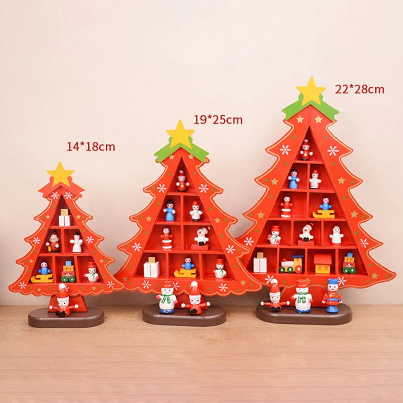 Creative Wooden Christmas Tree Decorations – 3D Red Tabletop Ornaments