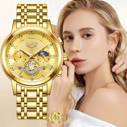 LIGE Ladies Waterproof Gold Watch with Luminous Features