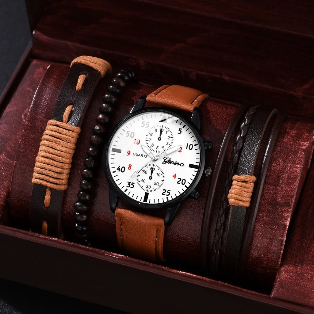 Men's Quartz Watch Set with Bracelet - Casual Leather Band