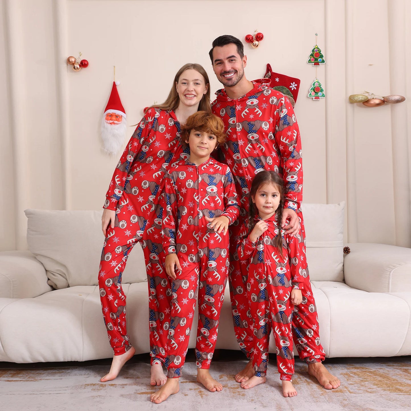 Family Matching Christmas Pajamas – Reindeer & Snowflake Print Hooded Jumpsuit