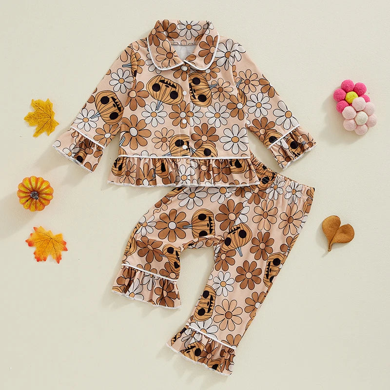 Kids Girls' Autumn Pajama Set – Flower Print Ruffle Sleeve Button