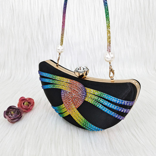 Designer Black Moon Bag | Elegant Crystal Crossbody Handbag