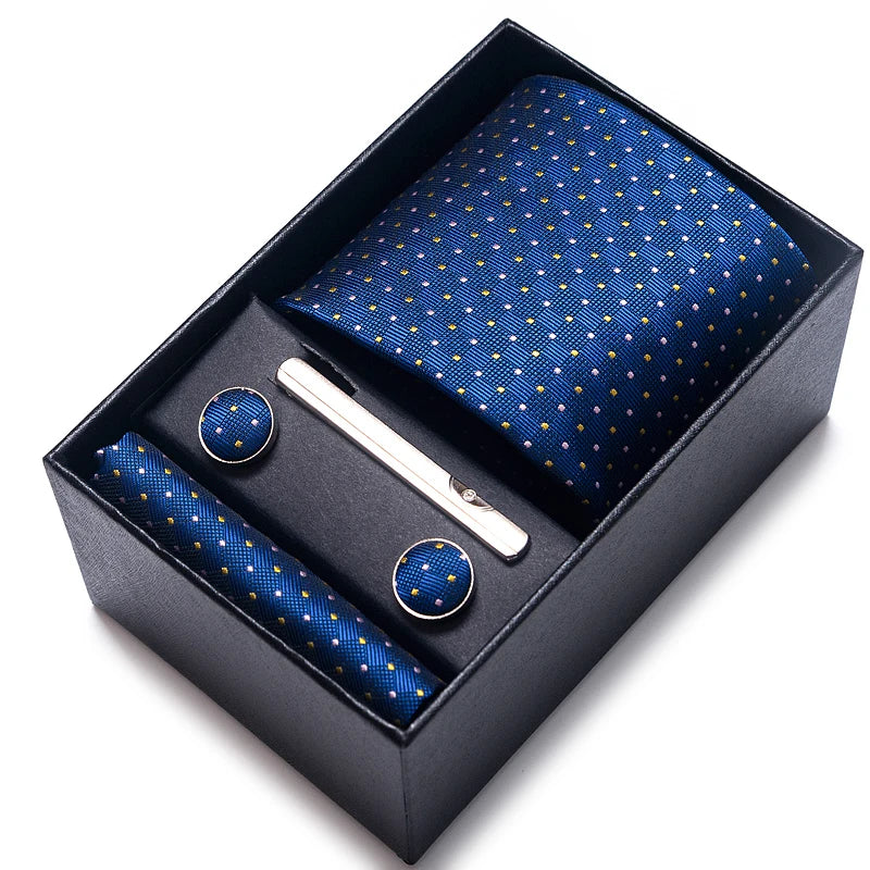 100% Silk Tie Set for Men – Necktie, Handkerchief & Cufflinks in Blue and Gold