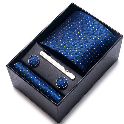 100% Silk Tie Set for Men – Necktie, Handkerchief & Cufflinks in Blue and Gold