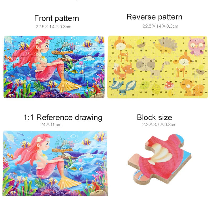 Wooden Puzzle Toy – Cartoon Animals & Mermaid Princess Puzzle