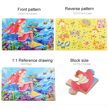 Wooden Puzzle Toy – Cartoon Animals & Mermaid Princess Puzzle