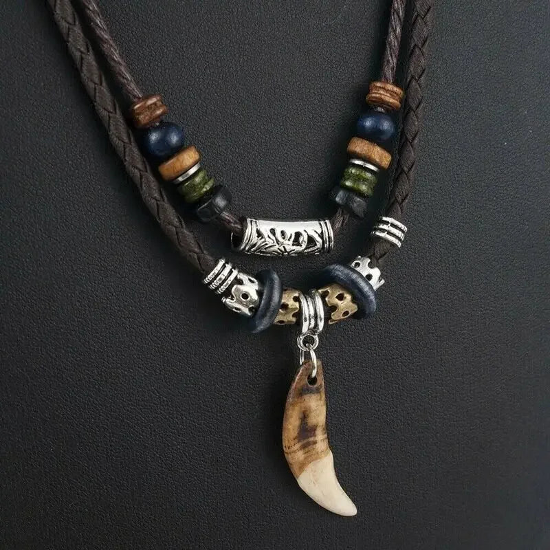 Fashion Men Women's Goth Multi-layer Vintage Wolf Tooth Pendant Leather Beaded Woven Prayer Necklace