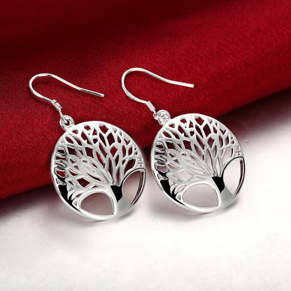 925 Sterling Silver Hollow Round Tree Drop Earrings