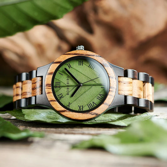 BOBO BIRD Men's Wooden Watch with Genuine Leaf – Custom Handmade Gift