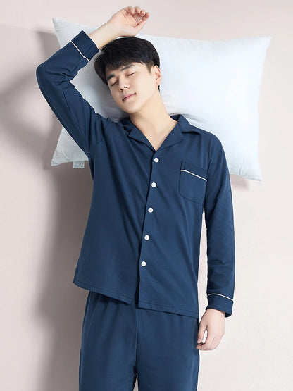 Blue Cotton Winter Pajamas for Men - Full Sleeves 2-Piece Sleepwear Set