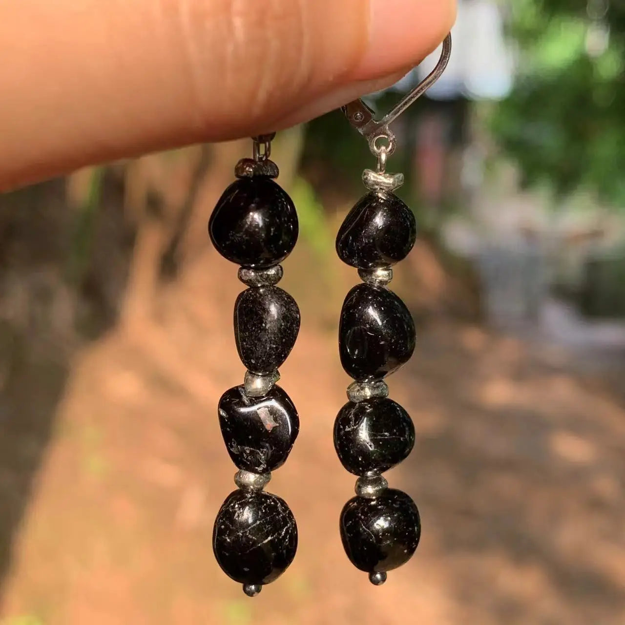 Vintage Black Tourmaline Hoop Earrings