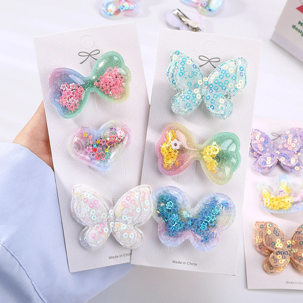 3 Pcs Sequins Kids Bows BB Clip Set – Star & Butterfly Hair Clips