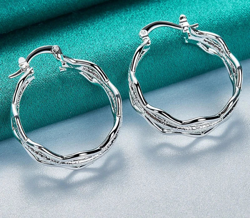 925 Sterling Silver Smooth Frosted Wave Ear Loops