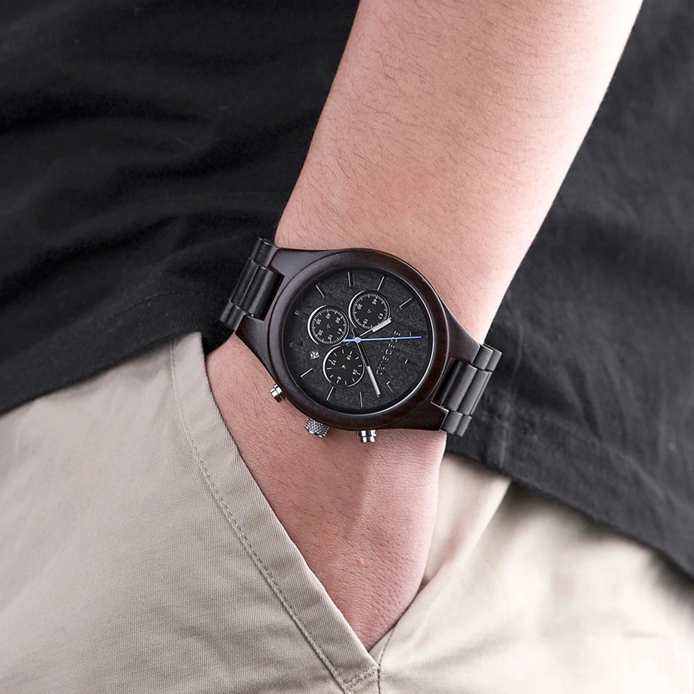 Men's Wooden Wrist Watch – Casual Quartz with 3 Sub Dials