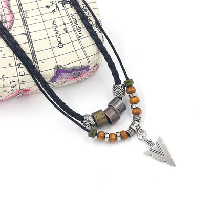 Stacked Artificial Leather Rope Beaded Necklace – Men’s Vintage Layered Tribal Arrow Pendant Jewelry