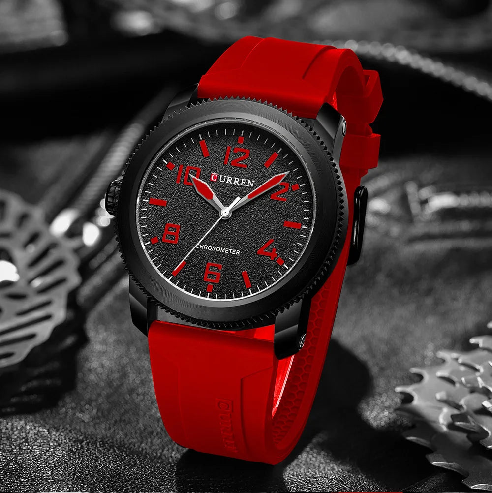 CURREN 8454 Men's Quartz Watch: Fashionable Red Silicone Strap