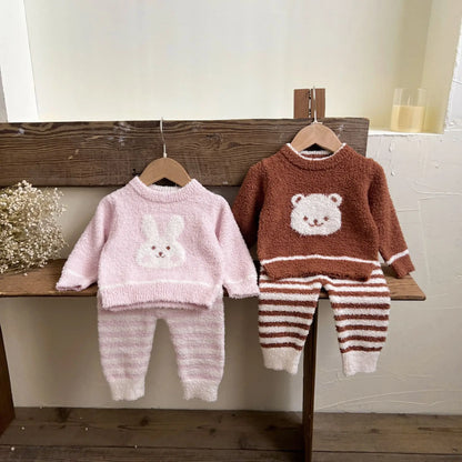 Autumn Winter Baby Girls 2-Piece Sleepwear - Velvet Tops & Striped Pants