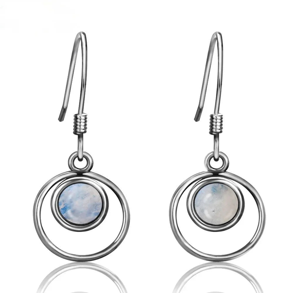 Sterling Silver 925 Round Moonstone Drop Earrings