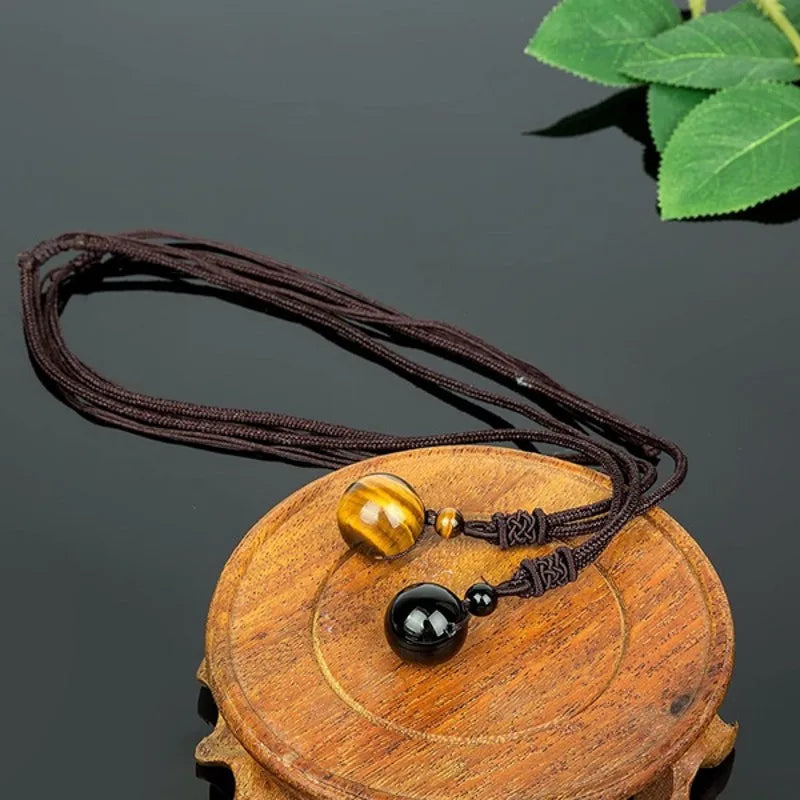 Natural Tiger Eye Stone Necklaces for Men – High Quality Round Beads Pendant Necklaces with Fashion Rope Chain