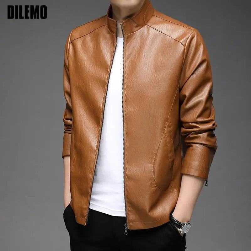 Top Grade Designer Casual Faux Leather Jacket – Brown Moto Coat for Men