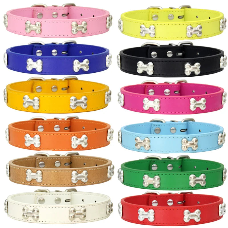 Durable Leather Pet Collars - Bone Design for Dogs & Cats