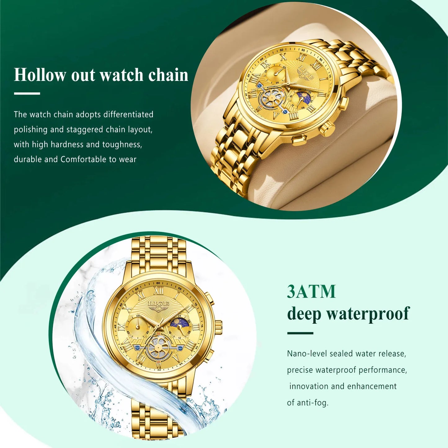 LIGE Ladies Waterproof Gold Watch with Luminous Features