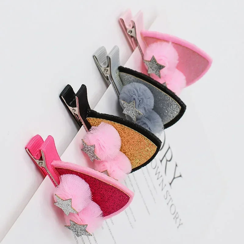 2 Pcs Cute Cat Ear Hair Clips | Glitter Rainbow