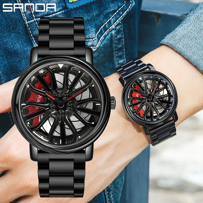 Sporty Men’s Car Rim Wristwatch - 360° Rotating Wheel Dial