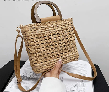 Straw Beach Tote Bag | Summer Designer Handbag with Drawstring & Crochet Woven