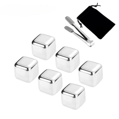 304 Stainless Steel Reusable Ice Cubes - 6 Chilling Stones with Clip