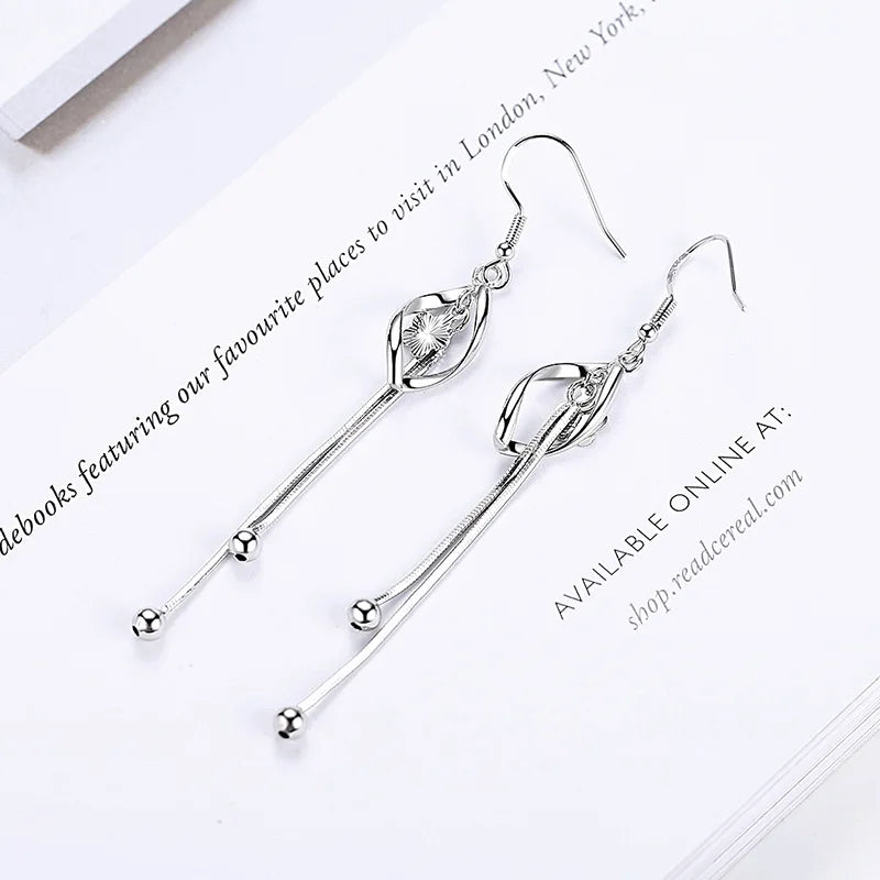 925 Sterling Silver Long Hollow Leaf Drop Earrings for Women